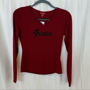 *NWOT* Guess Long Sleeve V-Neck Logo Top in Deep Red- Size S